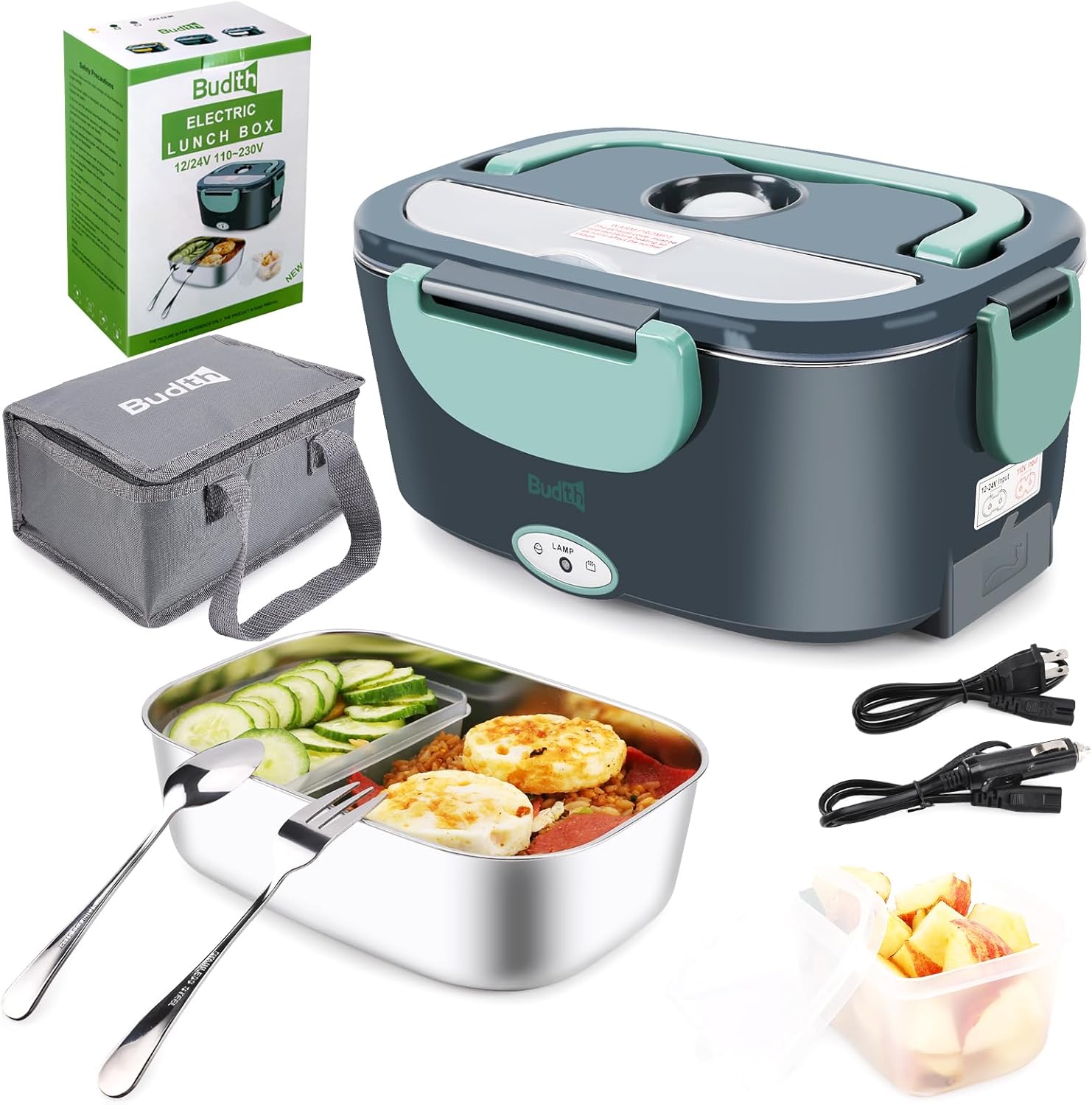 

Electric Lunch Box, Portable Food Warmer, 12V/24V/110V, Leak-Proof 304 Stainless Steel, Includes Fork/Spoon & Carry Bag (Green) зелёный