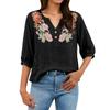 Damen Blumenstickerei Henley-Kragen Knopfleiste Hemd Dreiviertelarm Baumwolle Leinen Oberteil Lässige Bluse