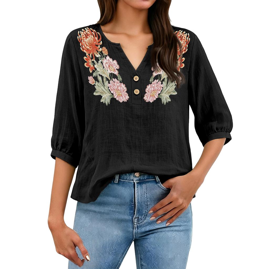 Damen Blumenstickerei Henley-Kragen Knopfleiste Hemd Dreiviertelarm Baumwolle Leinen Oberteil Lässige Bluse