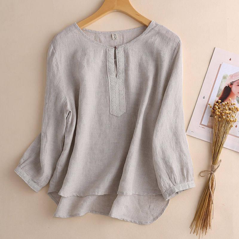 Artistic Retro Loose Casual Cotton-Linen Women s Mid/Short Sleeve Plus Size Top for Spring/Summer XL