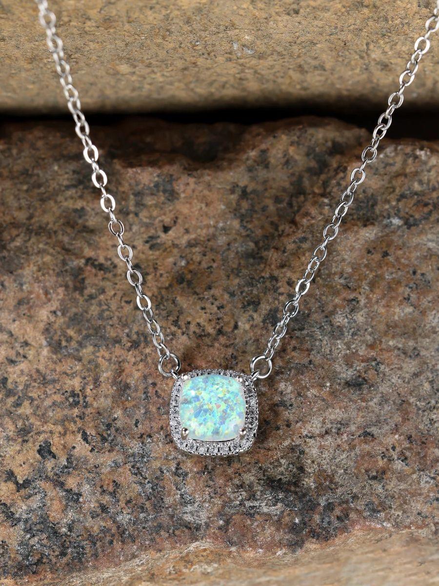 

Female Crystal White Opal Squarel Stone Pendant Necklace Vintage Silver Color Wedding Jewelry For Women