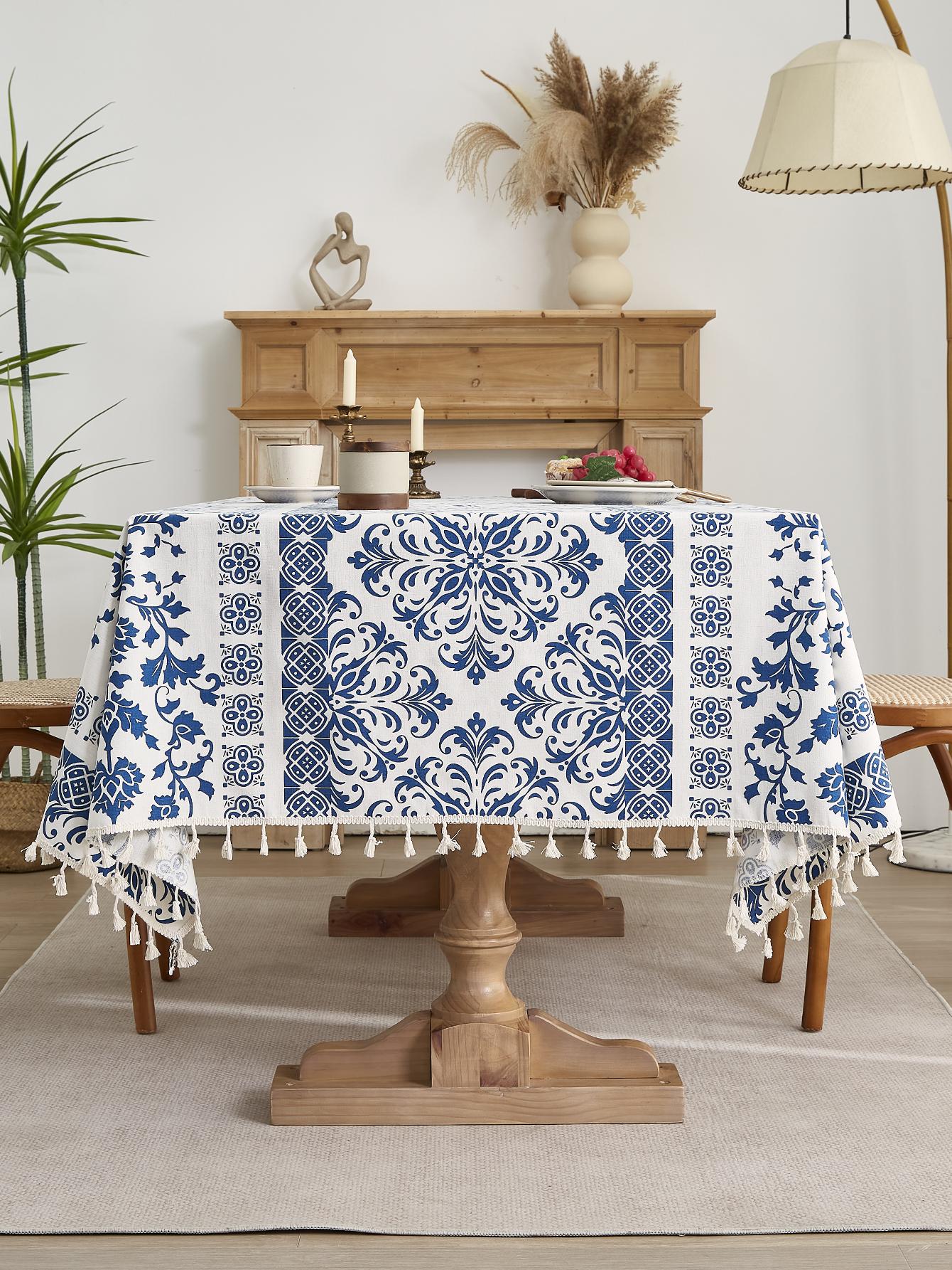 

blue flower cotton linen texture tablecloth suitable for living room, coffee table, dining table fabric 150x150cm синий