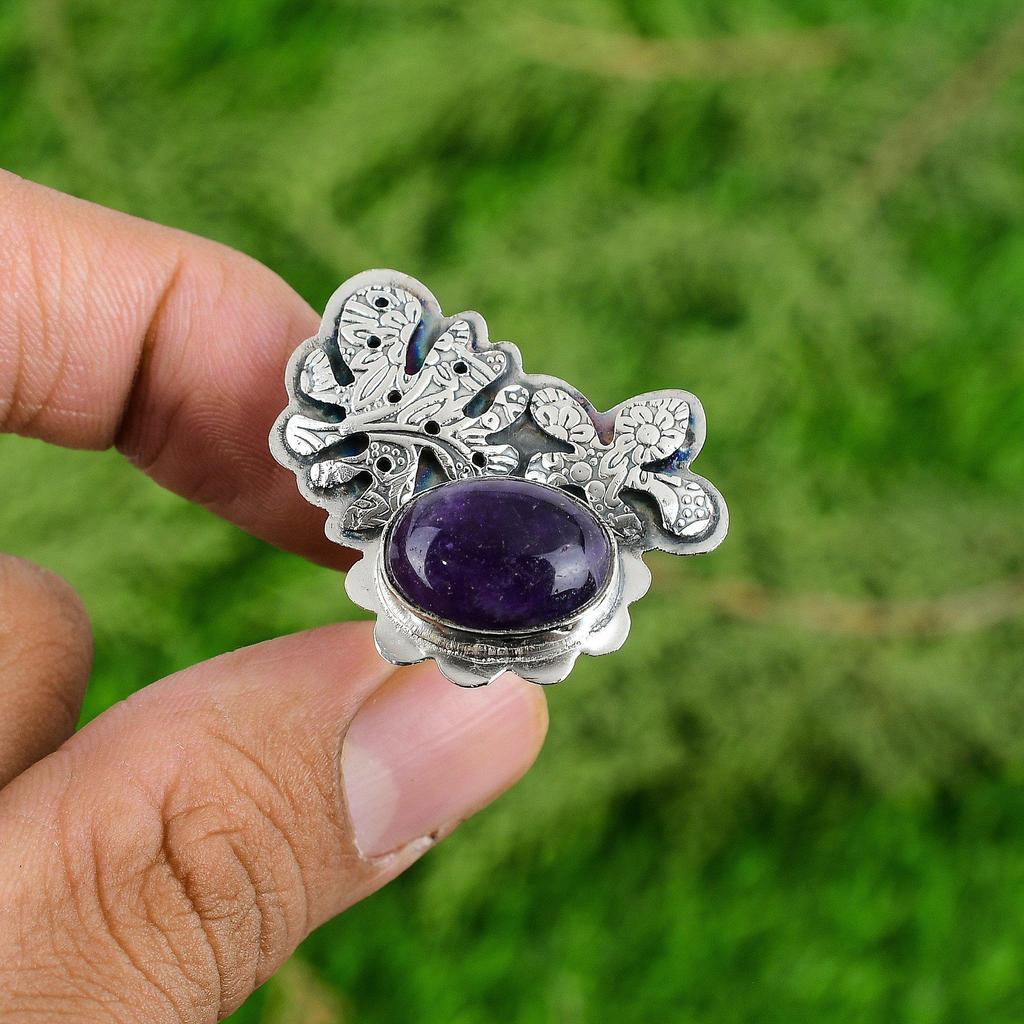 Mothers day Deal 925 Sterling Silver African Amethyst Gemstone Statement Ring