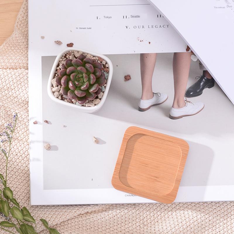 Geometic White Ceramic Square Bonsai Planter Little Succulent Flowerpots Modern Small Cactus Vases Bamboo Tray Office Home Decor