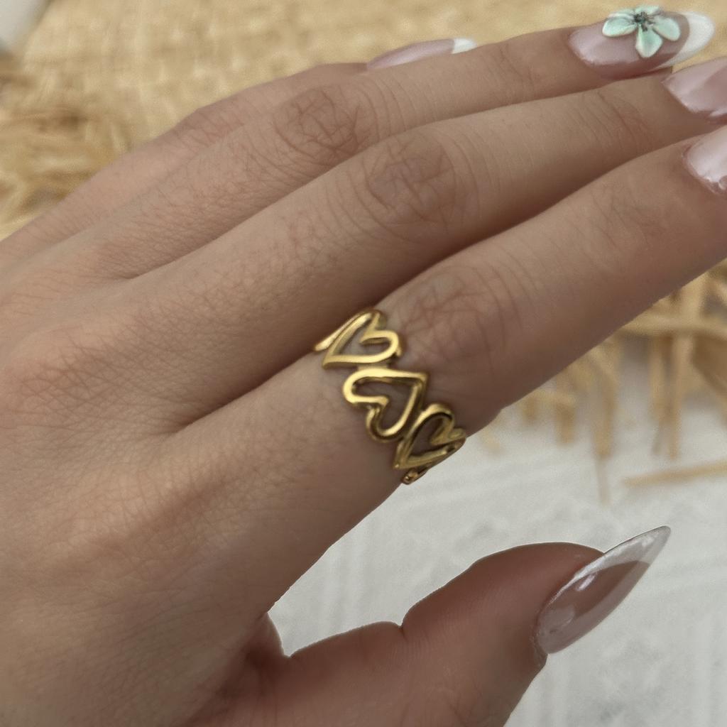 Stainless Steel Gold Color Love Heart Ring Set For Women Hollow Flower Geometric Finger Rings Party Vacation Waterproof Jewelry