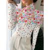 Women's Cheongsam Collar Long-sleeved T-shirt, Regular Version, with Small Flower Print, Spring and Autumn Collection