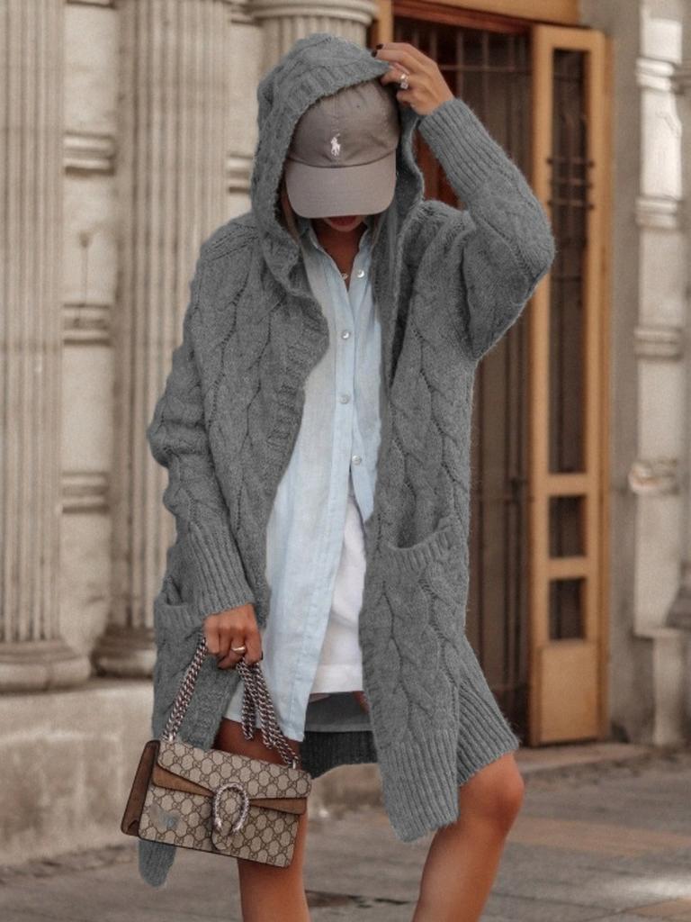 Fall Winter Women's Knit Sweater Long Cardigan Open Shawl Coat with Hood and Pockets (Plus Size)
