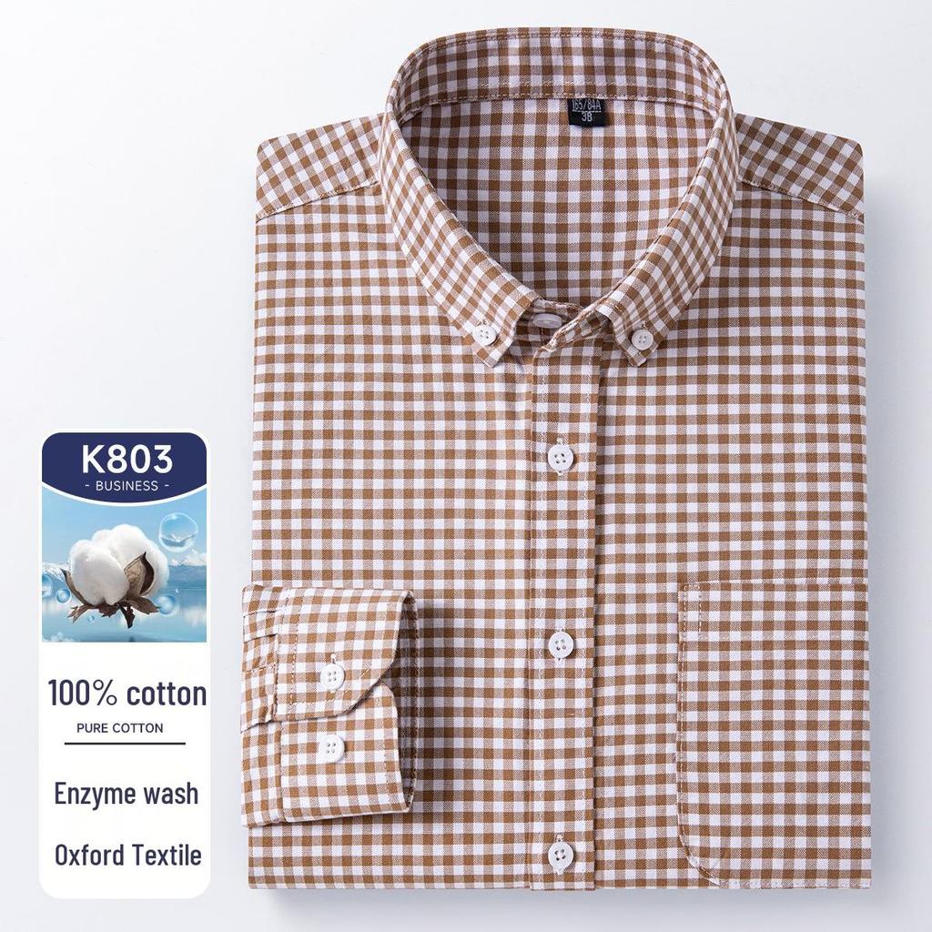 Men's Casual Business Enzyme Washed Plaid Oxford Shirt - Long Sleeve, High-End, for Spring and Autumn