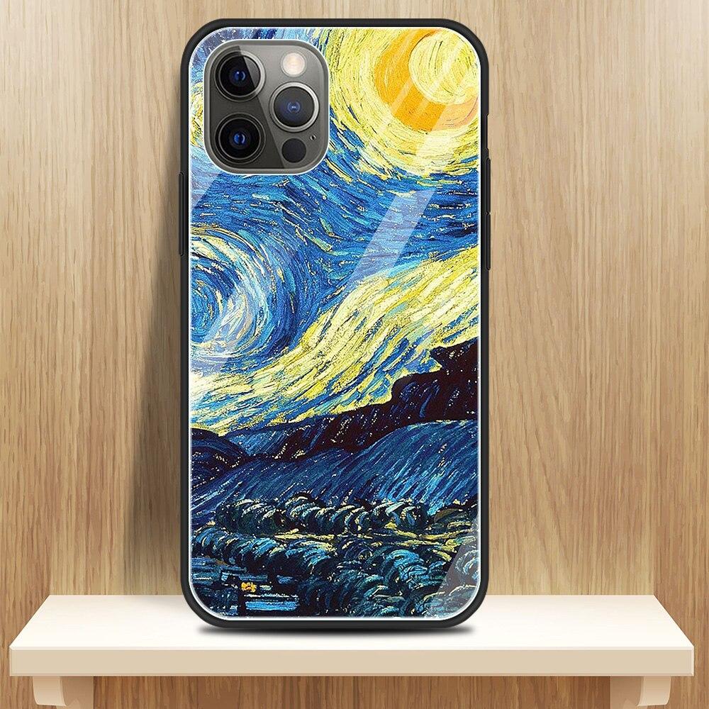Glass Cover For iPhone 14 13 12 11 Pro X XS Max XR 8 7 6 6S Plus Case Protective Capa Fundas Van Gogh Paintings Starry Night