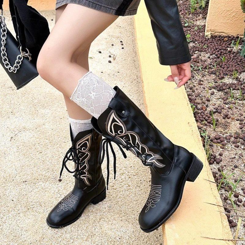 

Fashion New Style Women Fashion Zipper Knight Boots Ladies Autumn Thick Sole Chunky Heel Retro Boot Pointed Toe Shoes Embroidered Cowboy 43