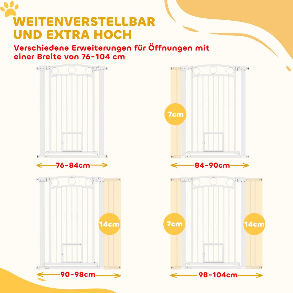 106cm Tall Dog Gate with Cat Door, 7cm and 14cm Extensions, for Stairs, Doorways, 76-104cm Width