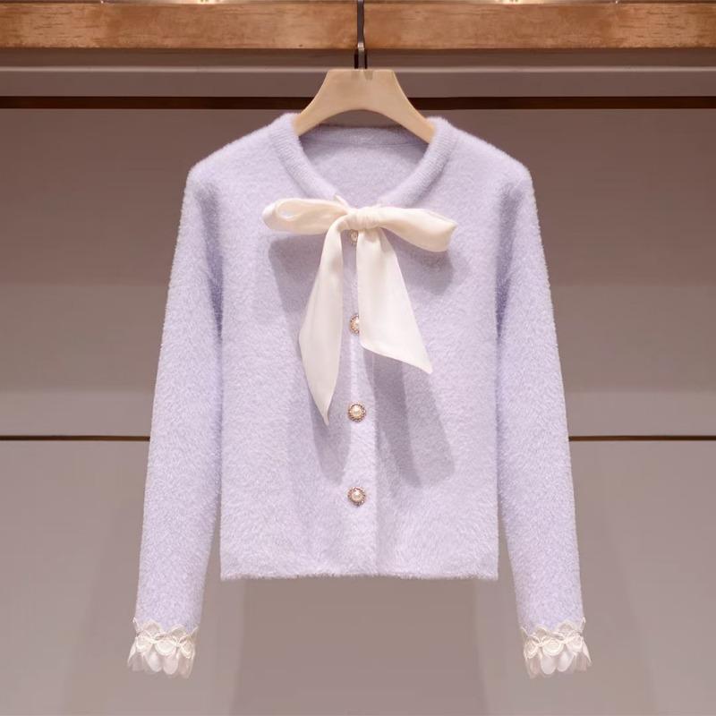 

Imitation mink fleece sweater jacket autumn and winter new bow splicing lace knitted cardigan women average size світло-фіолетового кольору