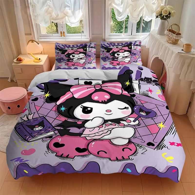 3pcs Kuromi's Sweet Halloween Adventure Sanrio Print Bedding Set (1 Cover + 2 Pillowcases, Without Inserts),  Soft and Comfortable S058