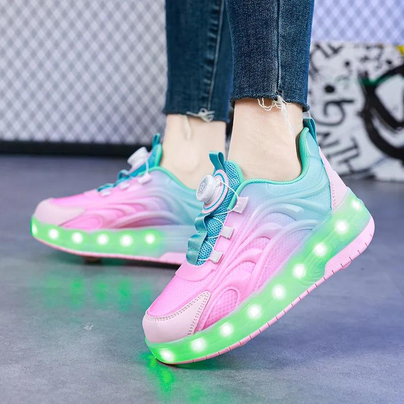 PONERAIT Two Wheels Children's Led Light Roller Skate Shoes Boys Girls Glowing Sports Luminous Sneakers Skateboard USB Charging