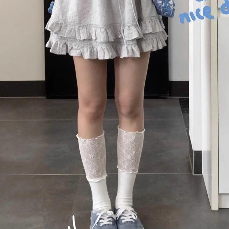 Women's Lace Patchwork Calf High Ballet Style Slouch Socks with Ruffle Trim