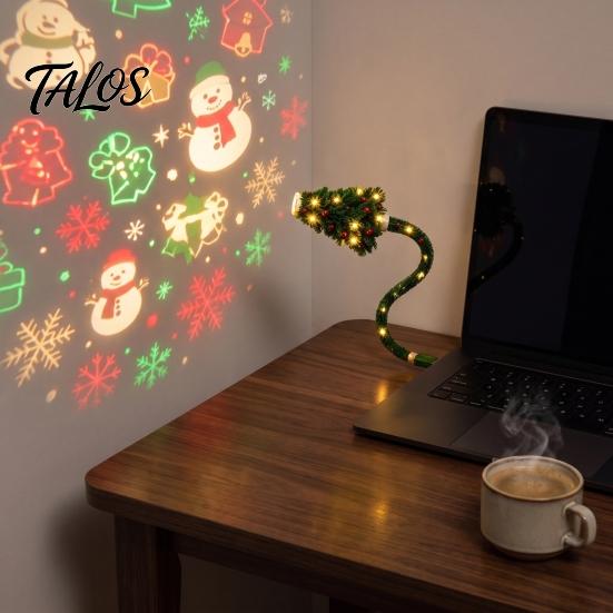 USB Powered Light Christmas Tree Projection Light, Plug-and-Play LED Projector with 6 Festive Holiday Party Decor Scenes, Flexible Gooseneck Lamp for