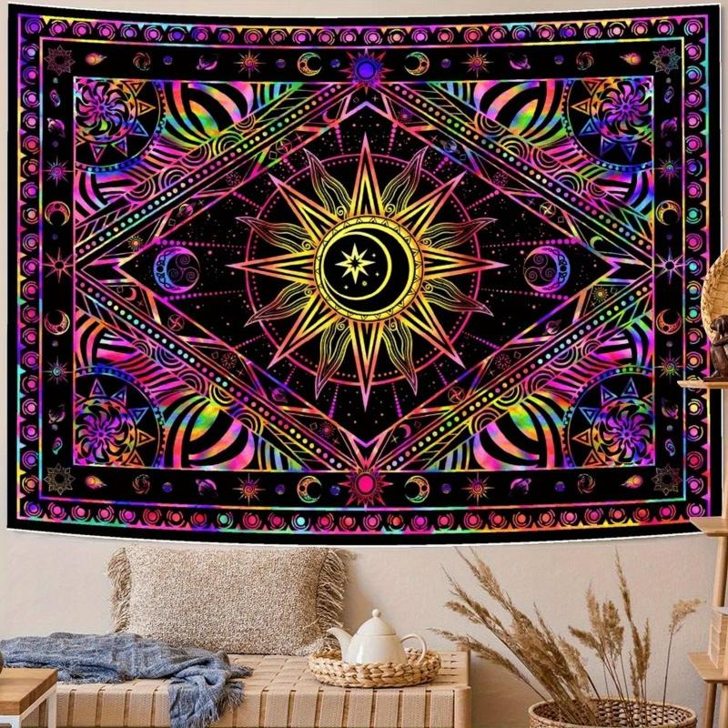 VIKAMA Bohemian Mandala Tapestry UV Reactive Psychedelic Sun Wall Hanging for Bedroom Dorm Yoga Room Decor