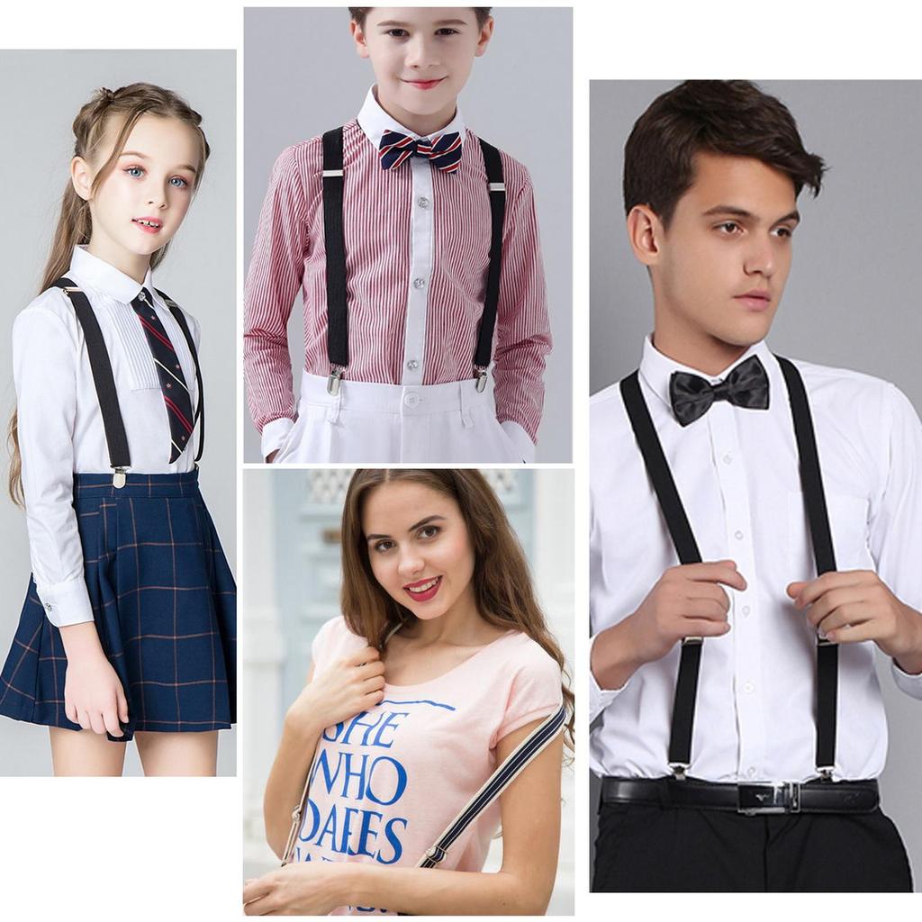 Unisex Bow Tie & Suspenders Set, 3 Clips Adjustable Elastic Braces for Casual & Formal Occasions