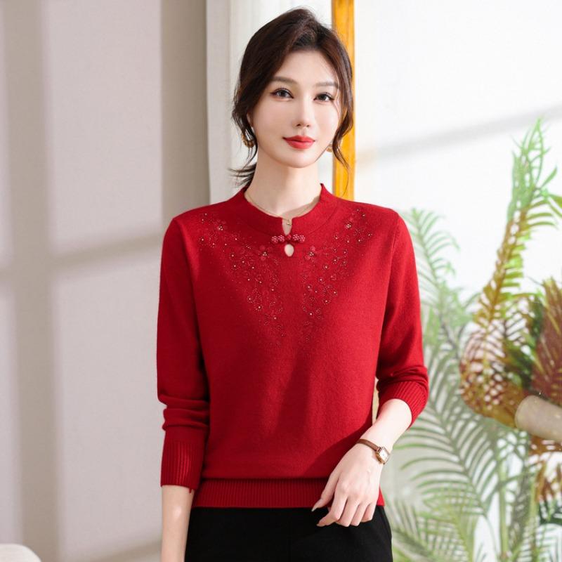 Middle-aged and old women's clothing, spring and autumn knitted loose sweater, mother's spring clothing, new stand-up collar bottoming shirt, top