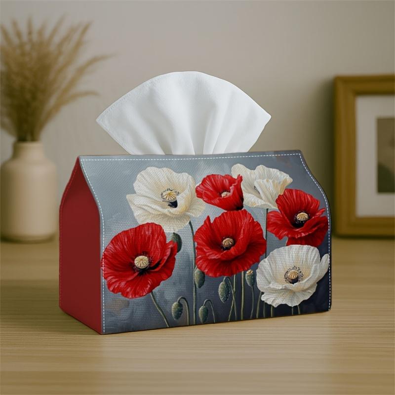 1pc Classic Floral Elegant Tissue Box with Poppy Flower Red White- Napkin Storage Organizer for Kitchen,Car,Elegant Decorative Box,Purpose for Living