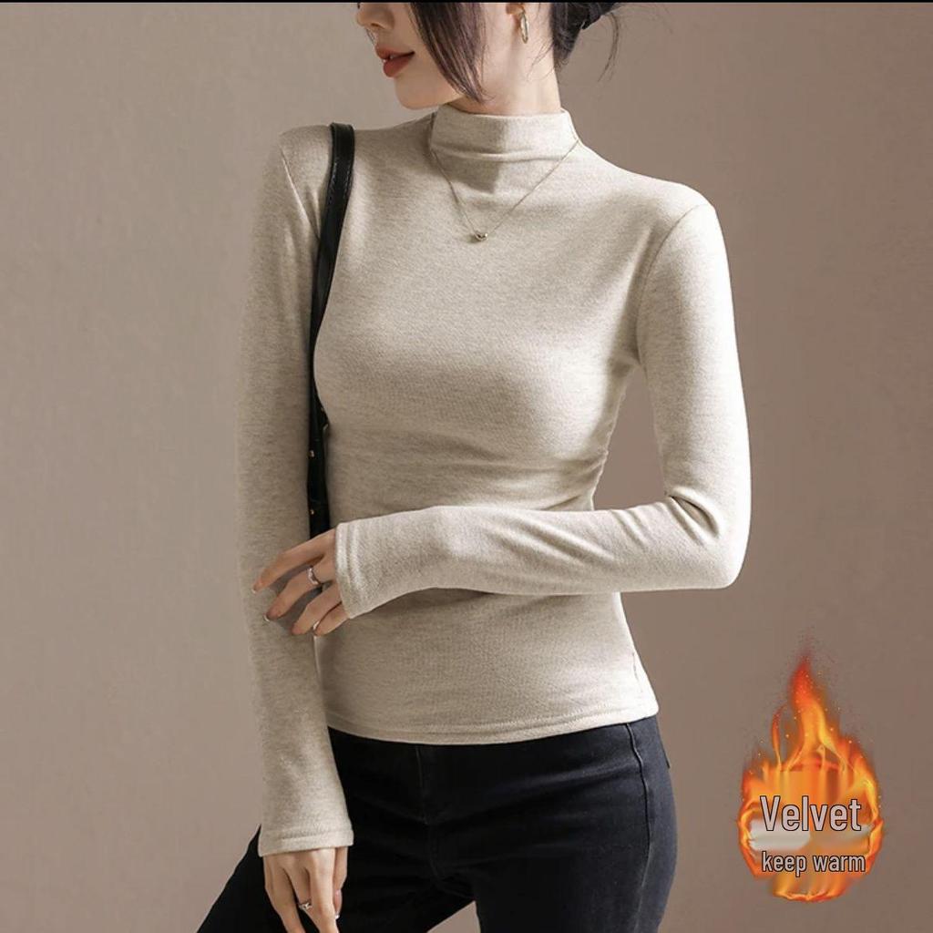 Damska bawełniana koszulka z wysokim kołnierzem i marszczeniami - Modny koreański styl, Długi rękaw, Ciepła na jesień/zimę