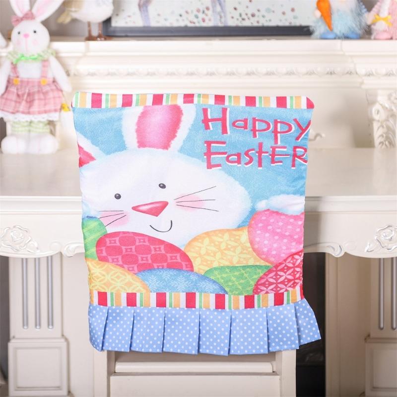 Rabbit Eggs Printed Chair Back Cover Easter Holiday Party Ruffle Hem Chair Slipcover Washable Furniture Protective Cover