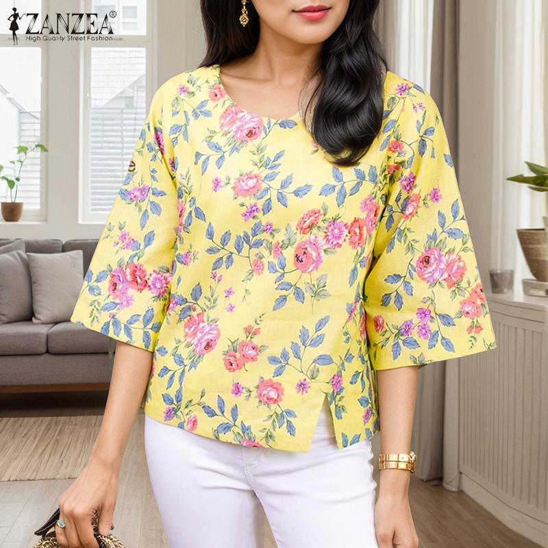 

ZANZEA Women Casual Round Neck 3/4 Sleeve Split Hem Flora Printed Blouse S белый