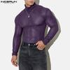 INCERUN Men Turtleneck Long Sleeve Mesh Skinny Tops See Through T-shirts Undershirt