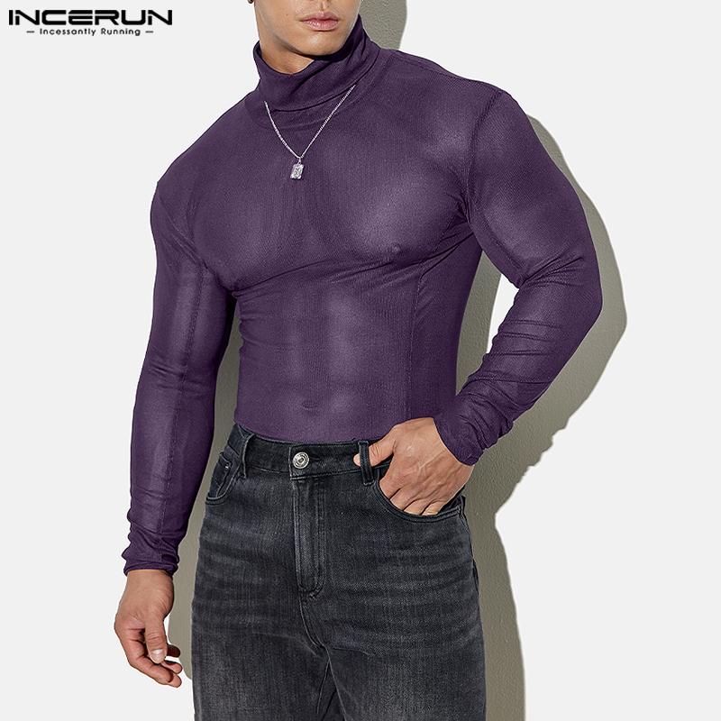 INCERUN Men Turtleneck Long Sleeve Mesh Skinny Tops See Through T-shirts Undershirt