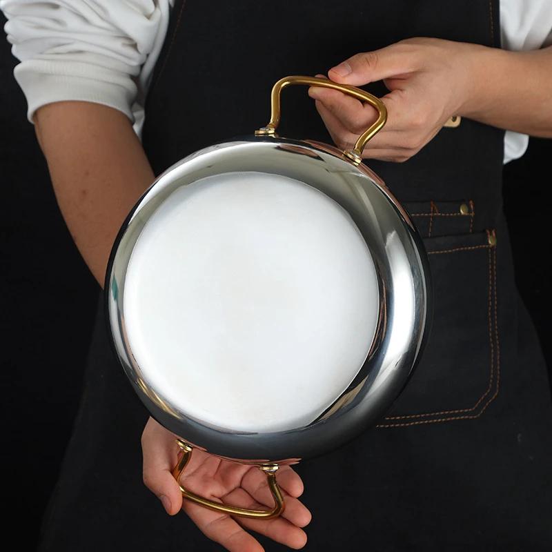 Španělský rýžový hrnec s mořskými plody Dvojuší zlatá pánev Miska na těstoviny Kulatý talíř na steaky panelas olla Nádobí na suché hrnce z nerezové oceli