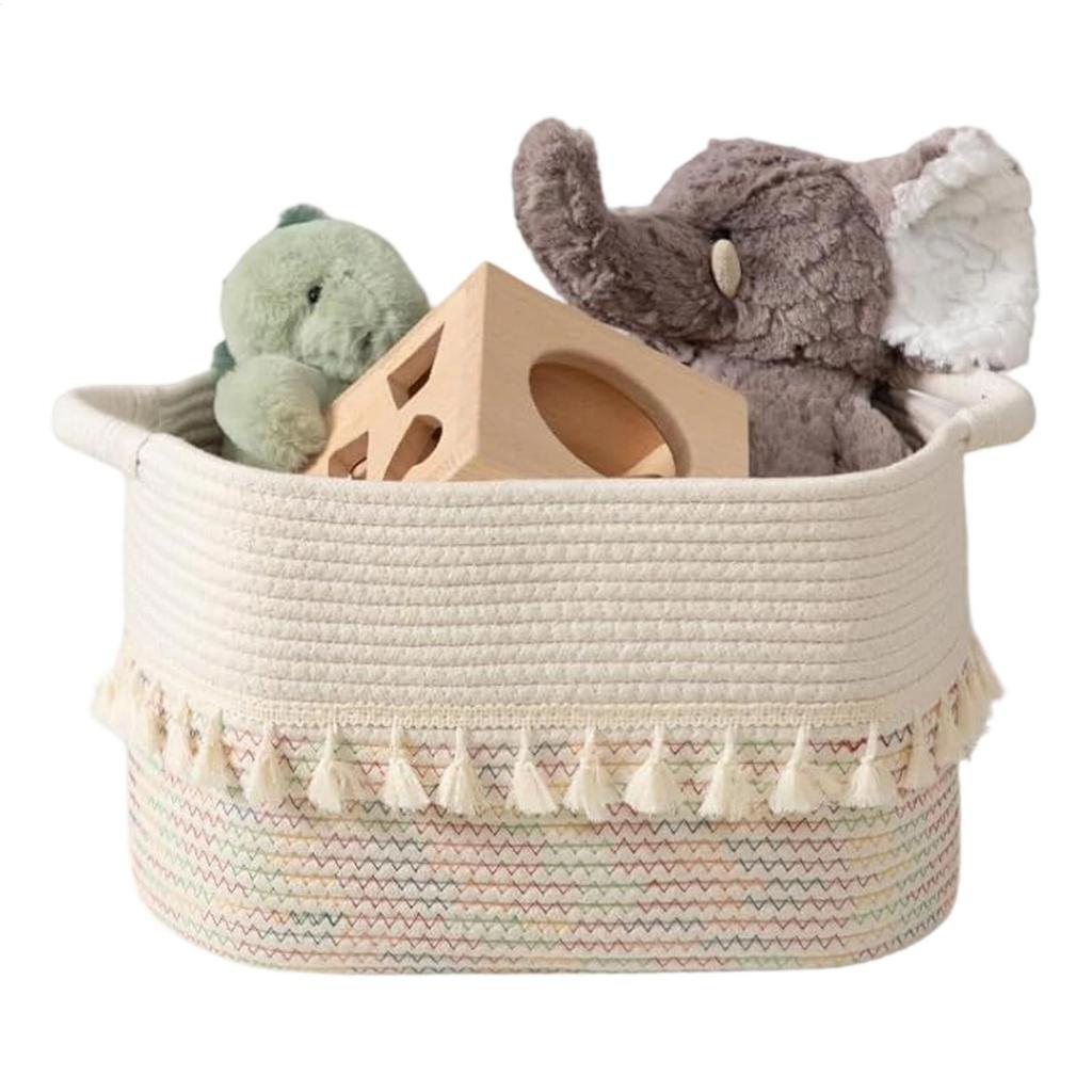 Weaving Storage Basket Tassels Handles Storage Basket Cotton Woven Toy Basket For Closet Laundry Room Bathroom Bedroom