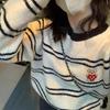 Arctic Velvet Washing Water, Korean Embroidery Bear Short Contrasting Striped Sweater Women's Autumn Crew Neck Knitting