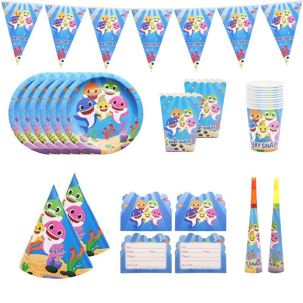 Blue Shark-Themed Tableware: Disposable Paper Plates, Paper Cups, Tablecloths, and Birthday Party Decorations