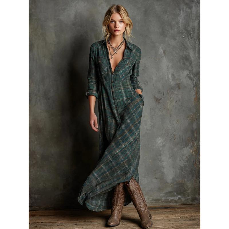 BITCED Fashion Summer Spring POLO Neck Long Sleeve Casual Dresses XS зеленый плед