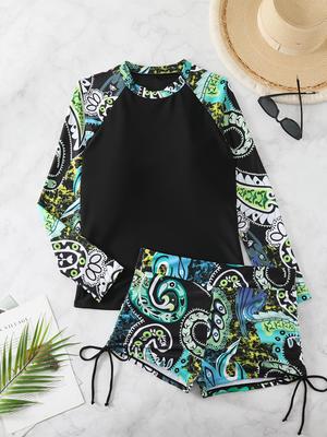Digital Print Long Sleeve Tankini with Flat Leg Swim Trunks