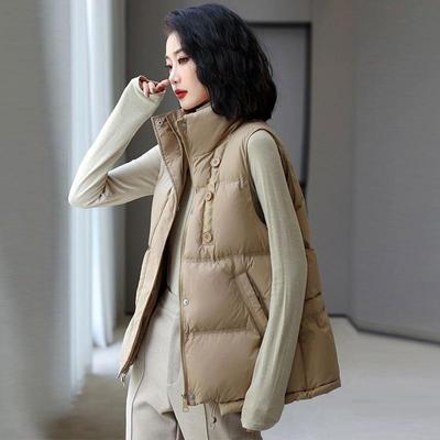Women Light Weight Thermal Seamlessly Stand Collar Sleeveless White Duck Down Jacket Waistcoat Loose All Match Chic Vest Pocket