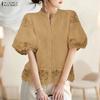 ZANZEA Women Stand Collar Casual Lace Crochet Splice Half Sleeve Blouse