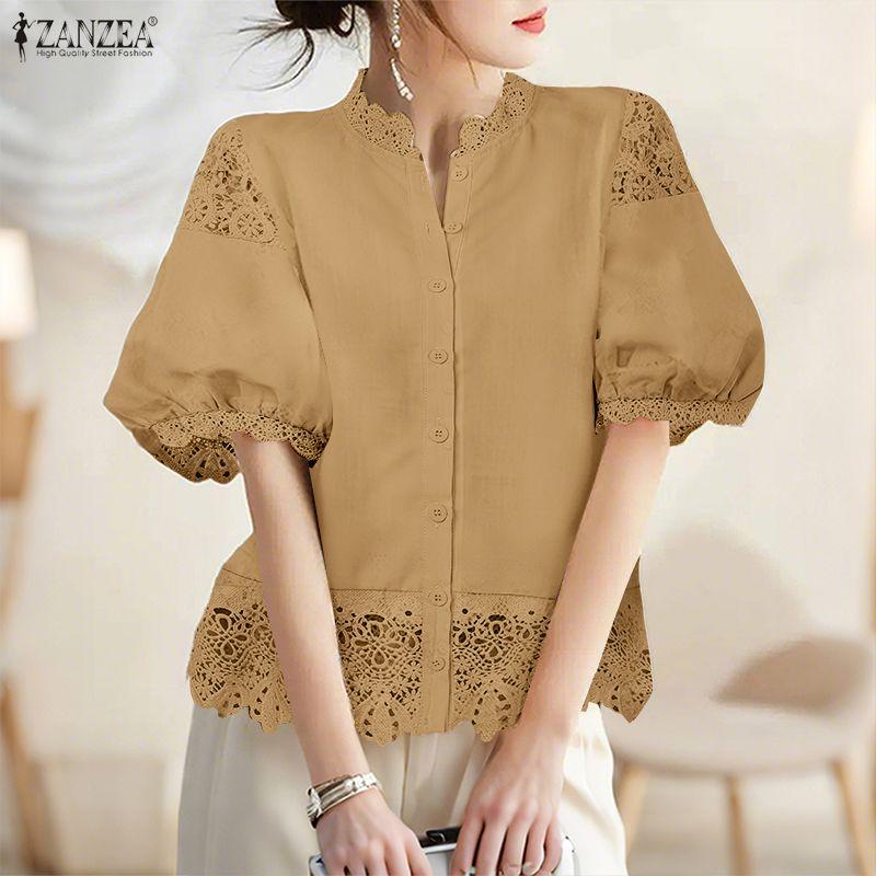 ZANZEA Women Stand Collar Casual Lace Crochet Splice Half Sleeve Blouse