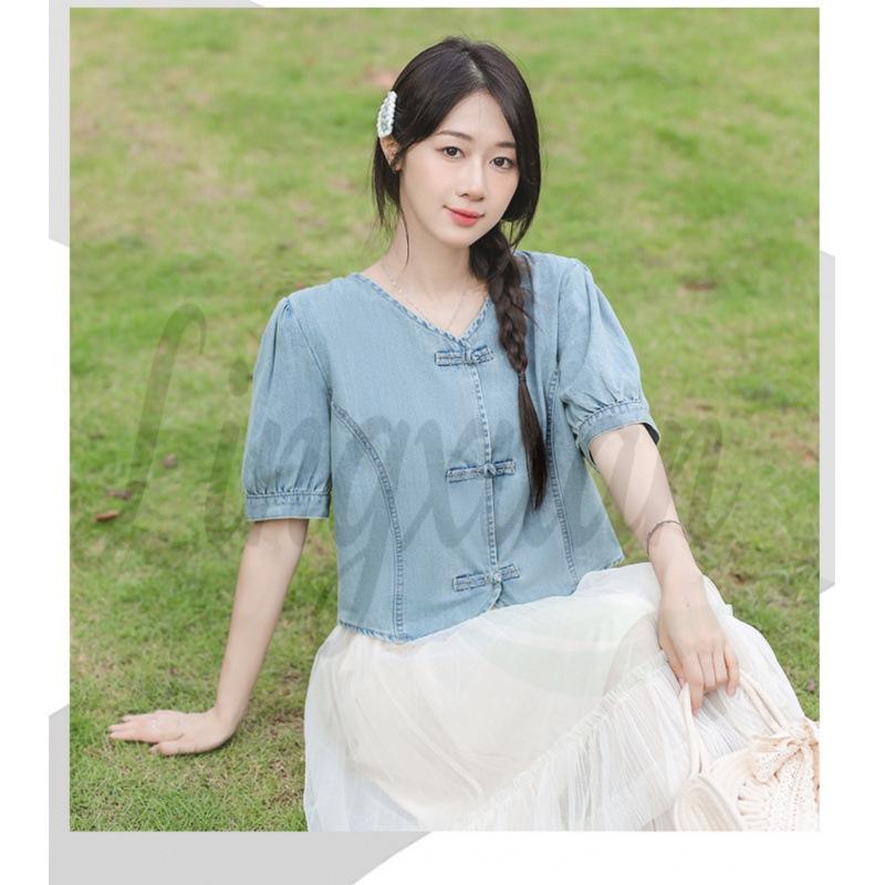 New Chinese Style Blue Short-Sleeved Slim Denim Top S