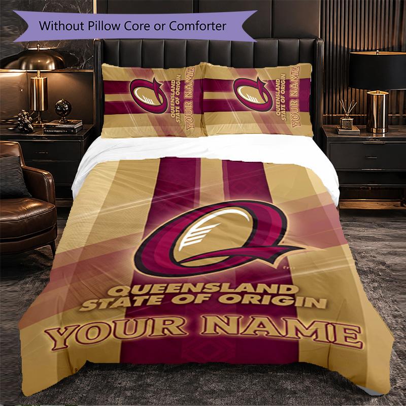 Queensland Maroons Customized Name Text Bedding Set, 1 Duvet Cover & 2 Pillowcases Personalized Bedroom Gift