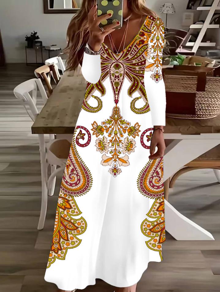 2025 Evropské a americké podzimní šaty s dlouhým rukávem s potiskem