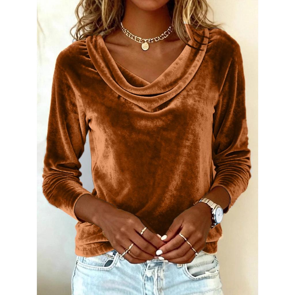 Women's Solid Color Velvet Long Sleeve T-shirt, Sexy Cowl Neck Casual Top