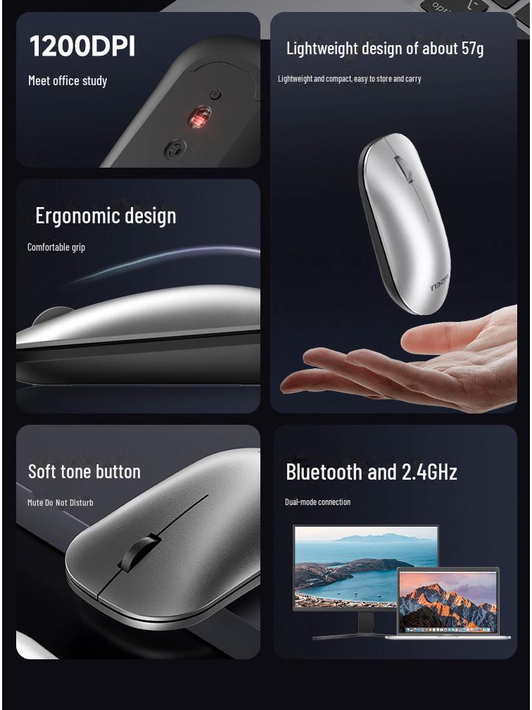 PISEN Portable Wireless Bluetooth Dual Mode 5.0 Mouse for Apple Mac, Laptop, Desktop, USB Universal