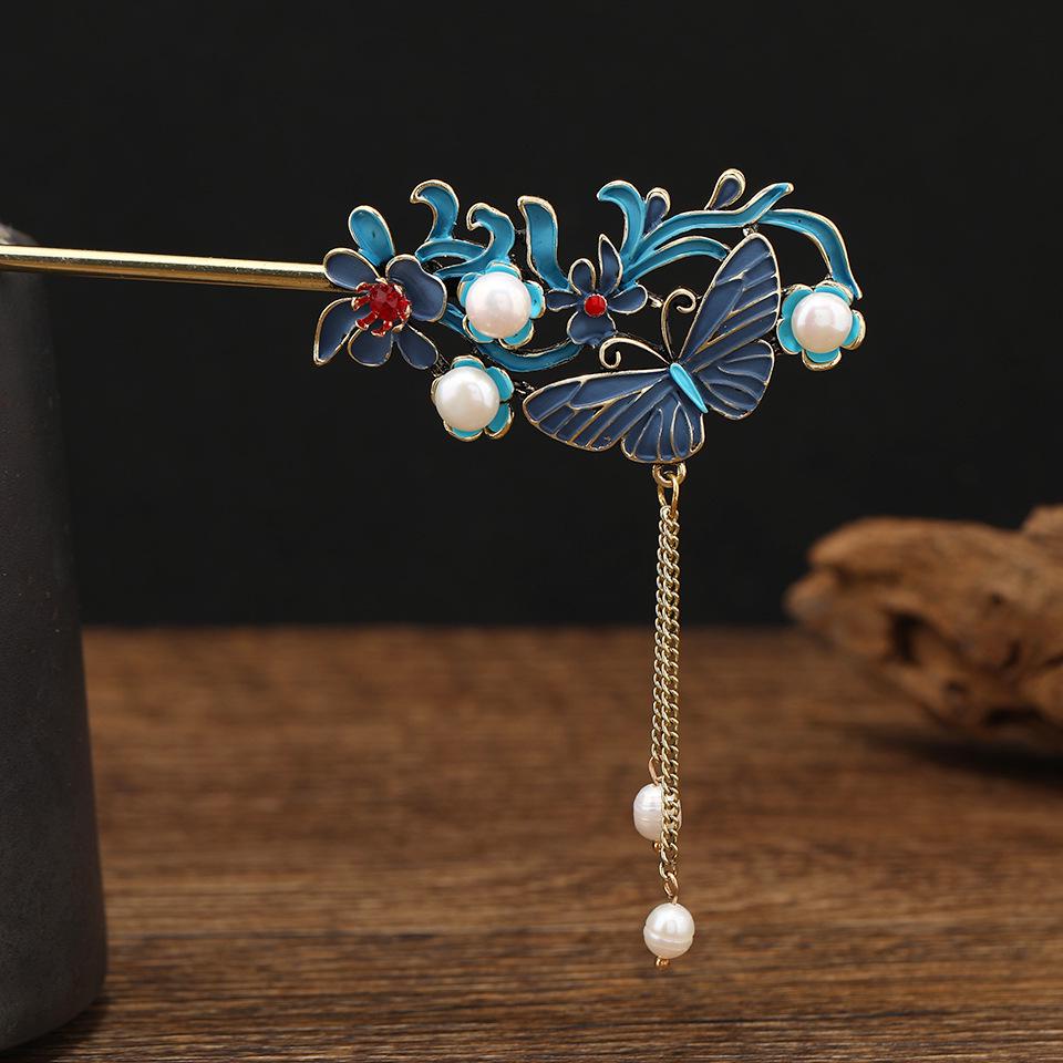 

Vintage Butterfly Tassel Hairpin with Freshwater Pearl and Cloisonné Enamel for Hanfu Costumes