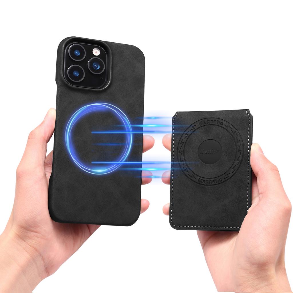 DENIOR D28 For iPhone 16 Pro Max Magnetic Case RFID Blocking Retro Leather Back Cover with Card Holder Kickstand
