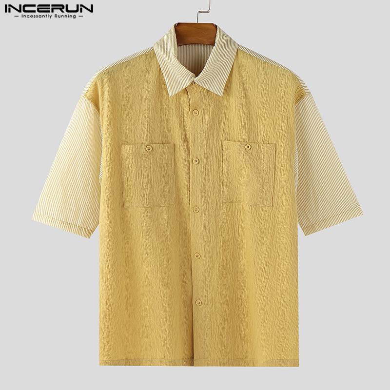 

INCERUN Oversized Summer Men Striped Print Patchwork Short Sleeves Shirts S чёрный