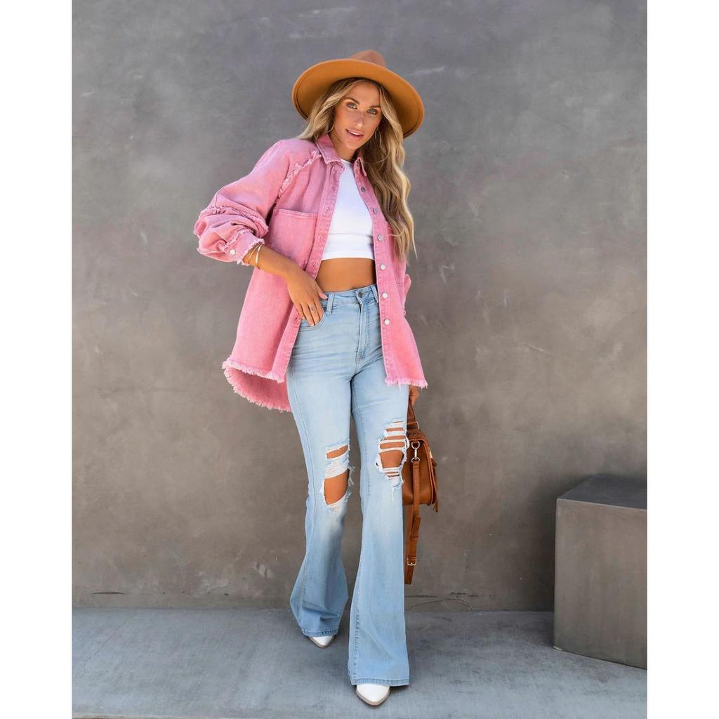 Long Sleeve Denim Jacket Women Washed Raw Edge Mid-Length Loose Jacket