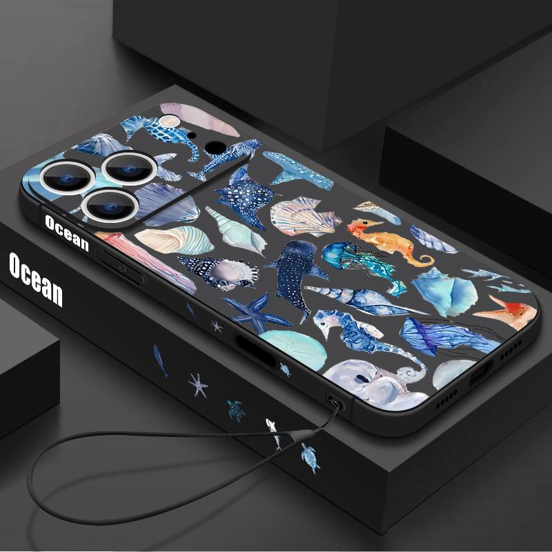 Jellyfish Dolphin Pattern Lanyard Case For iPhone 17 Pro Max Funda iPhone 16 15 14 13 Pro Max 11 16E 17E Soft Silicone Cover