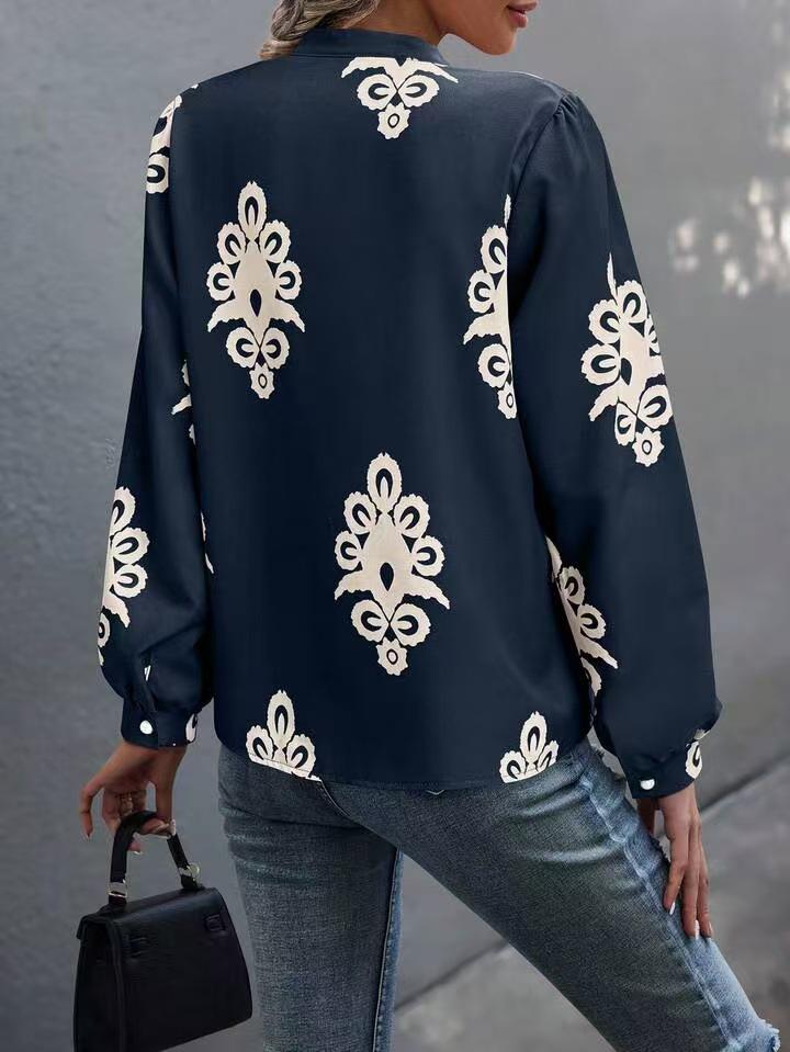Euro-American Cross-border Stylish Printed Stand-up Collar Long Sleeve Lace-up Buttoned Women's Shirt for Spring and Summer