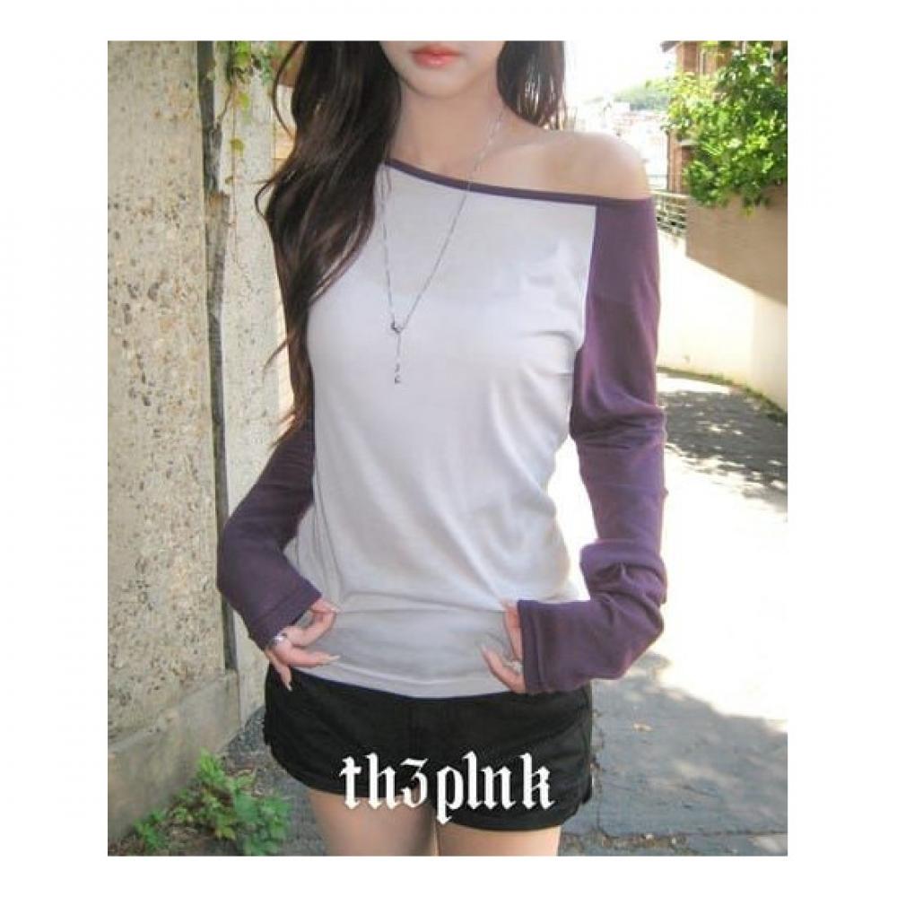 The Pink Hamung Sheer Colorblock Off Shoulder Long Sleeve Tee